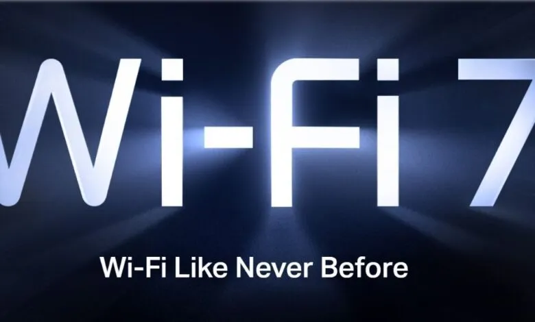 The text 'Wi-Fi 7' is displayed prominently in large, white, illuminated letters against a dark blue background.