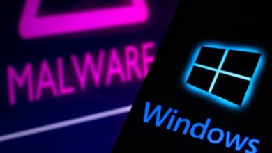 The Windows logo glows blue next to the word MALWARE in pink neon.