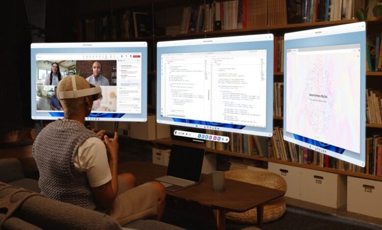 Person wearing VR headset interacting with multiple floating Windows 11 screens in a home office.