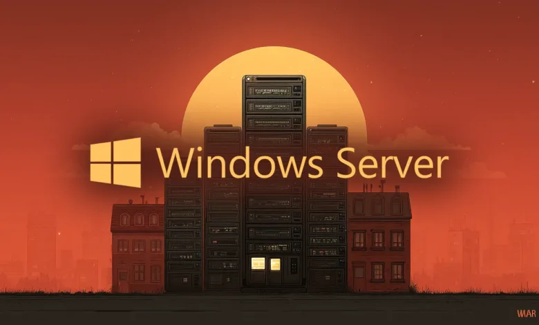 Windows Server logo superimposed on a stylized cityscape with servers resembling buildings at sunset.