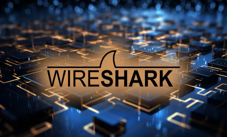 The Wireshark logo with a shark fin above the text, set against a futuristic digital background.