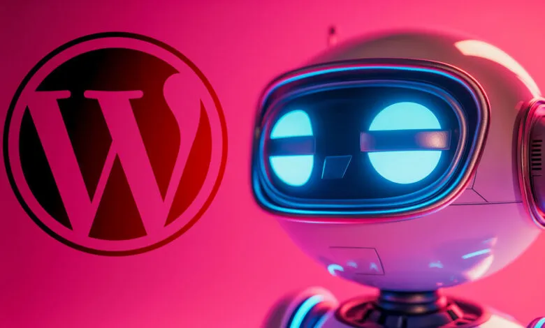 A futuristic robot with glowing blue eyes next to the WordPress logo.