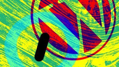 Abstract graphic with WordPress logo elements in red, blue, and purple on a textured green and yellow background.