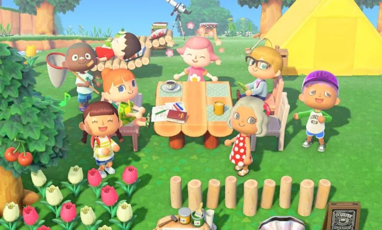A group of diverse Animal Crossing characters gather around a table outdoors.