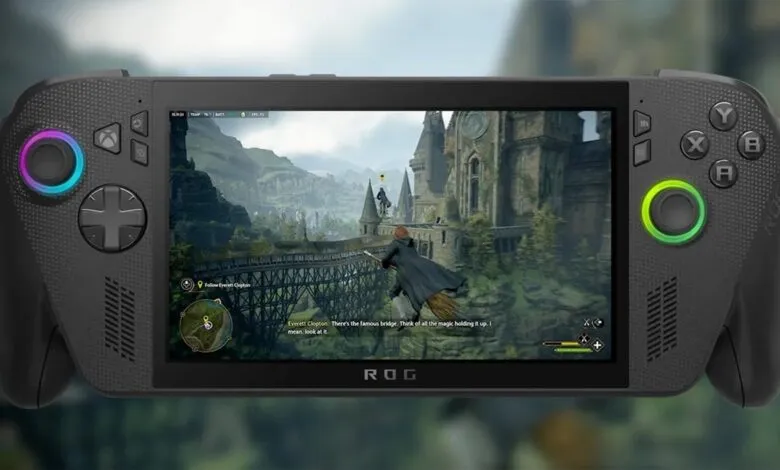 Close-up of a handheld gaming device displaying Hogwarts Legacy gameplay.