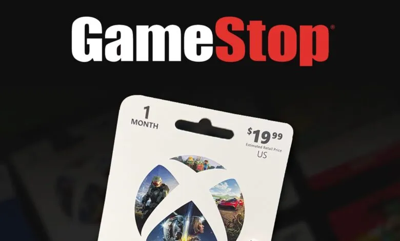 GameStop logo above a 1-month Xbox Game Pass gift card priced at $19.99.