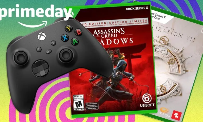Xbox controller and game cases for Assassin's Creed Shadows and Civilization VII with Prime Day branding.
