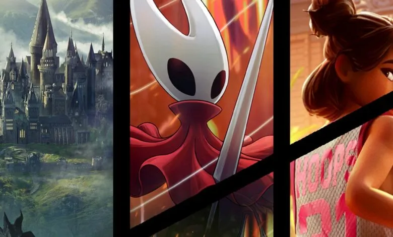 Collage of three distinct video game art styles: Hogwarts castle, Hollow Knight character, and a cartoon girl.