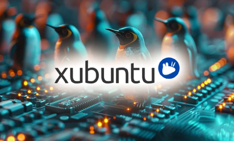 Xubuntu logo with penguins on a circuit board background