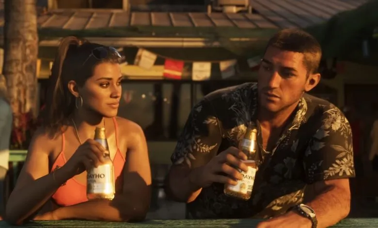 A man and a woman holding beer bottles at a bar, with a tropical background.