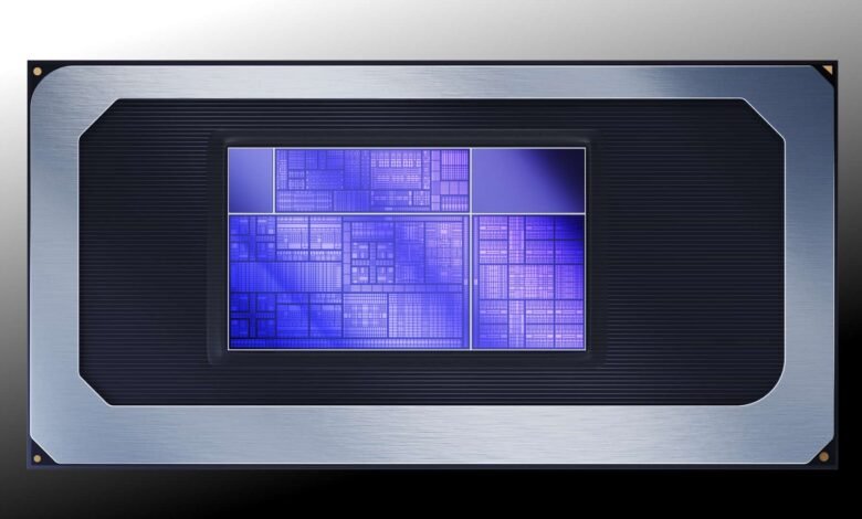 Close-up of a modern computer processor chip with intricate blue circuitry.
