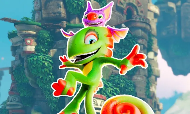 Yooka and Laylee characters from a video game, with a fantastical ancient structure in the background.