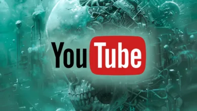 YouTube logo superimposed on a futuristic, biomechanical skull.