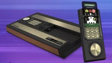 Retro Intellivision console and controller with Astro Smash game displayed