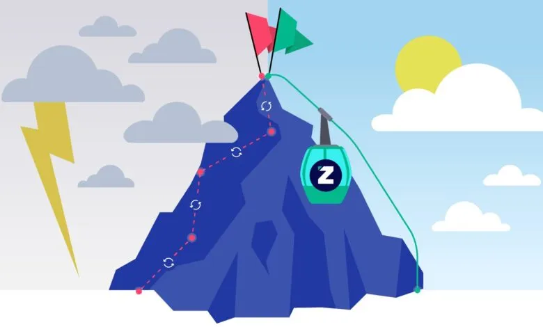 Illustration of a mountain with a stormy left side and sunny right side, featuring a cable car.