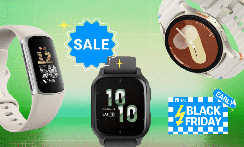 Three smartwatches and sale graphics on a green background.