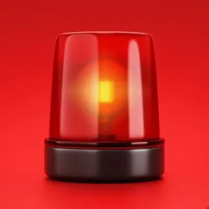 Red emergency siren with a bright yellow light on a red background.