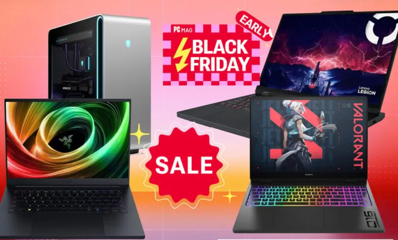 Gaming laptops and a desktop PC advertised for Black Friday sale.