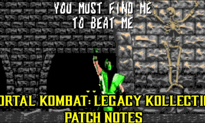 Mortal Kombat Legacy Kollection patch notes screen with Scorpion and a skeleton.