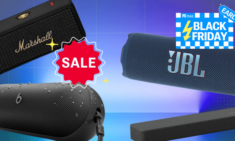 Collage of portable Bluetooth speakers from Marshall, JBL, and Beats with Black Friday sale graphics.