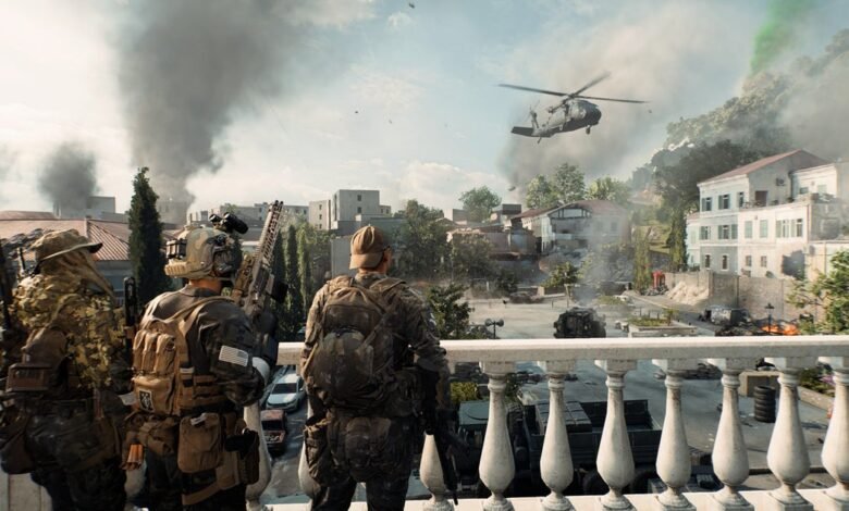 Soldiers in tactical gear observe a chaotic urban battlefield with smoke and a helicopter.