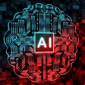 Abstract representation of an AI brain with glowing circuits and the letters 'AI' in the center.
