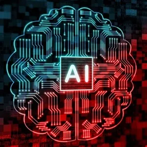 Abstract representation of an AI brain with glowing circuits and the letters 'AI' in the center.