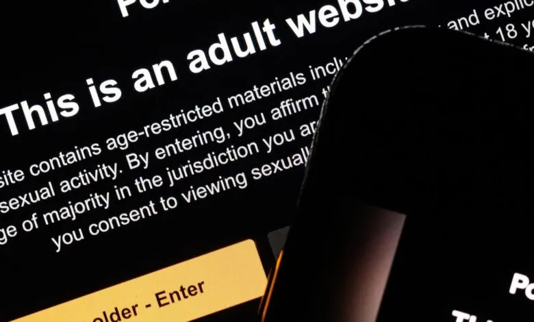 Adult website age verification screen on a phone.
