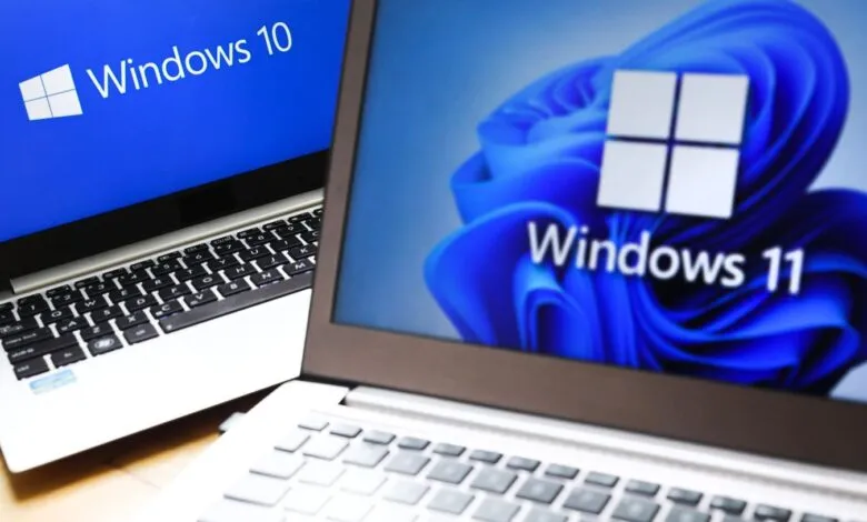 Two laptops side-by-side, one displaying Windows 10 and the other Windows 11.