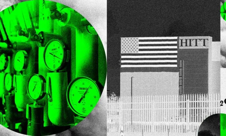 Abstract collage featuring green gauges, US flag, and chemical structure.
