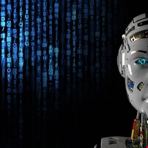 Close-up of a futuristic robot's head with glowing blue eyes against a backdrop of falling blue digital code.