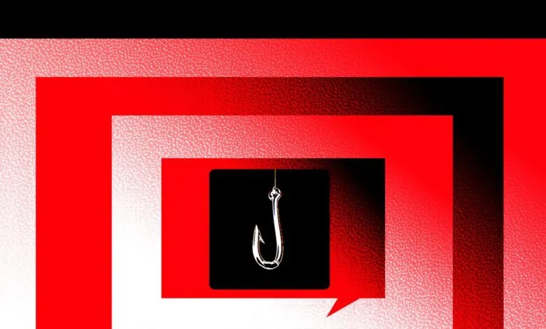 A fishing hook hangs against a black background, symbolizing phishing scams.