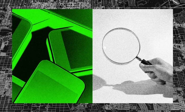 Green iPhones and magnifying glass over a map, symbolizing device tracking.