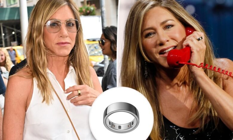 Jennifer Aniston wearing an Oura ring in two different settings.