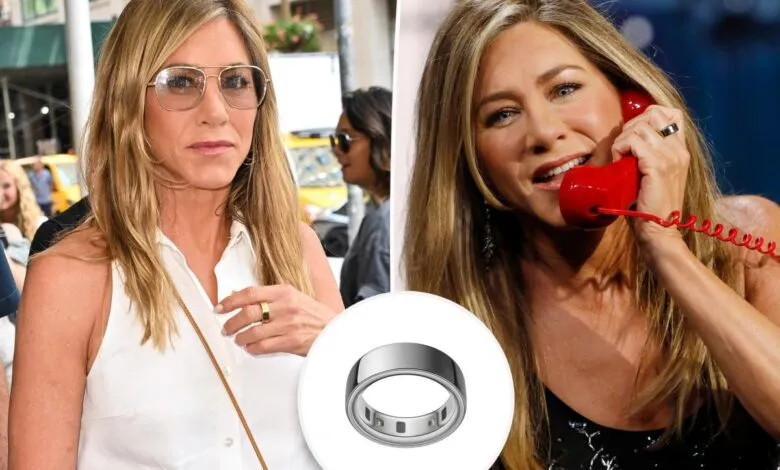 Jennifer Aniston wearing an Oura ring in two different settings.