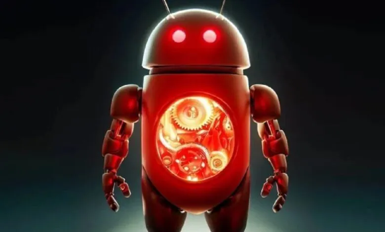 A menacing red Android robot with glowing red eyes and exposed internal gears.