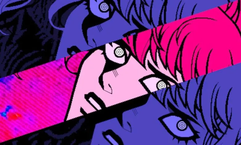 Stylized anime-style faces in pink and purple with intense eyes.