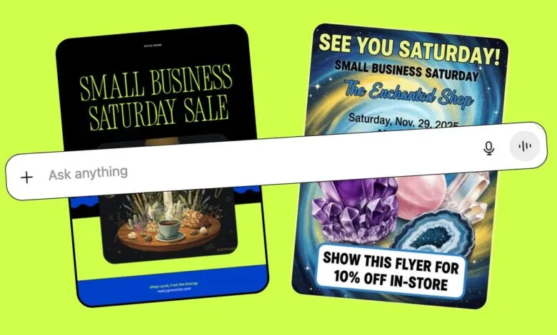 Two flyers for Small Business Saturday sales, one with text and a coffee cup, the other with crystals and a discount offer.