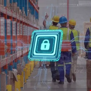 Warehouse workers with a digital security lock icon overlay