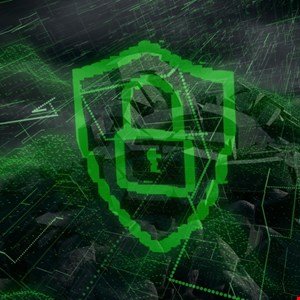 Digital shield and padlock icon overlayed on a dark, abstract background with green digital patterns.