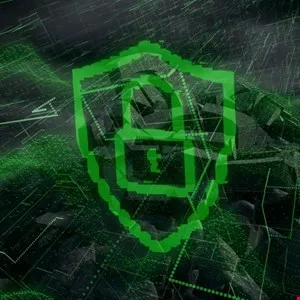 Digital shield and padlock icon overlayed on a dark, abstract background with green digital patterns.