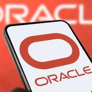 Smartphone displaying the Oracle logo in red against a white screen.