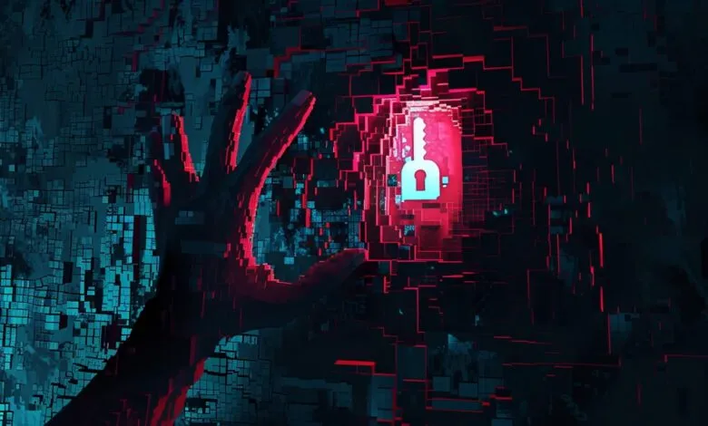 Abstract digital hand reaching for a glowing lock and key icon.