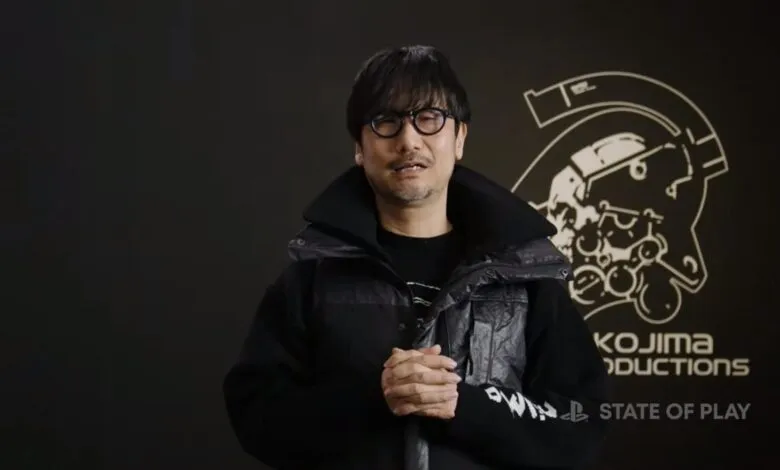 Hideo Kojima stands in front of the Kojima Productions logo and State of Play branding.