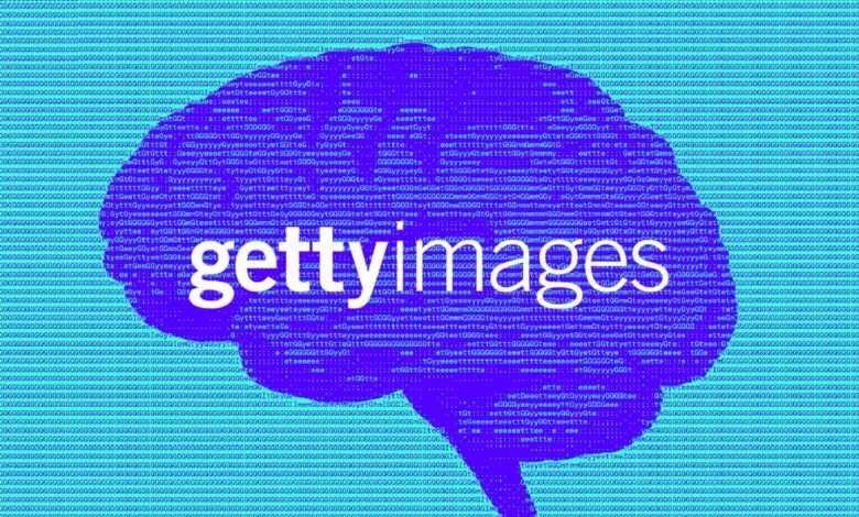 A purple brain silhouette filled with code and the Getty Images logo.