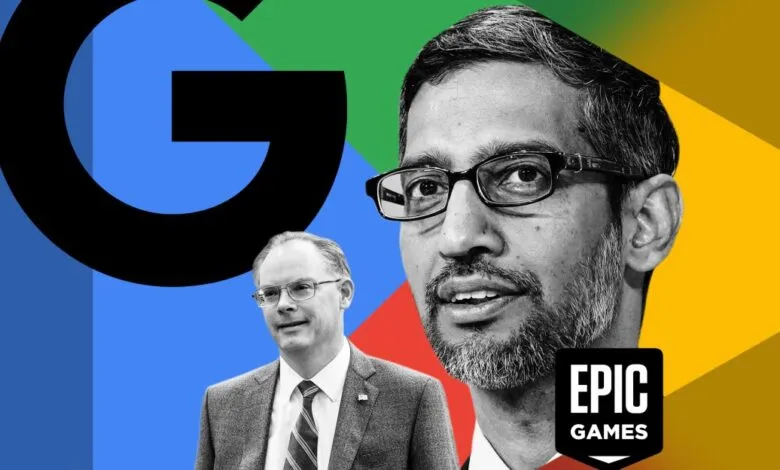 Sundar Pichai and Tim Sweeney with Google and Epic Games logos