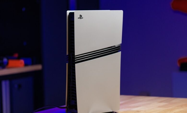 PlayStation 5 Pro console with sleek design and black accents.