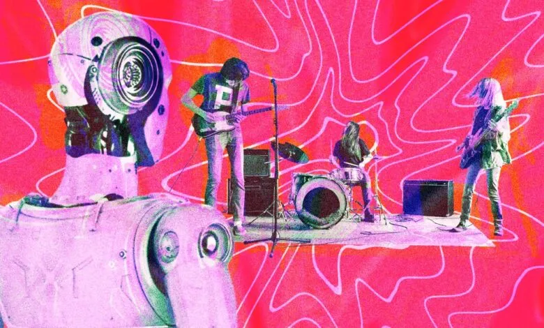 A robot stands in the foreground, with a band playing music in the background.