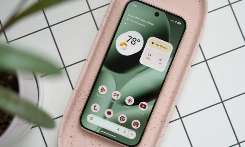 Google Pixel phone displaying weather and Gemini AI features on its home screen.