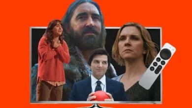 Apple TV screen showing cast members from 'Severance' and 'See' with remote.